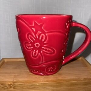Starbucks Oval Red Embossed Floral Coffee Tea Mug 15 oz 2009 Bone China